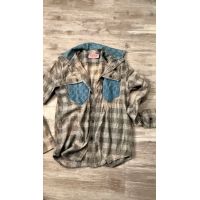 Taupe and cream plaid long sleeve button down with teal blue patterned pockets and collar accent