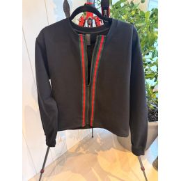 Front of black reworked zip jacket with red and green stripe trim