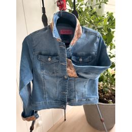 Front of medium blue denim jacket with contrast sand patterned collar and rolled cuffs