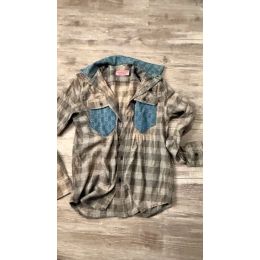 Taupe and cream plaid long sleeve button down with teal blue patterned pockets and collar accent