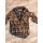 Rust charcoal and gray plaid button down flannel with brown geometric patterned chest pockets and collar