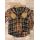 Rust charcoal and gray plaid flannel shirt with contrasting tan patterned chest pockets and collar