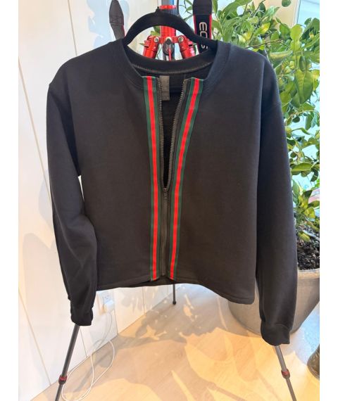 Front of black reworked zip jacket with red and green stripe trim