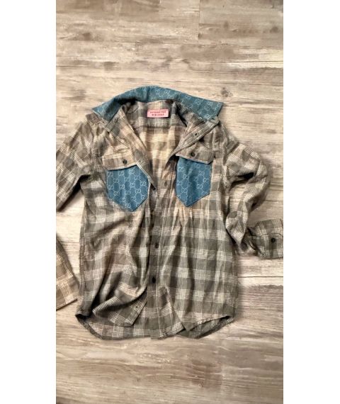 Taupe and cream plaid long sleeve button down with teal blue patterned pockets and collar accent